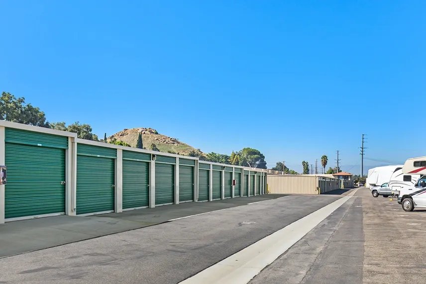 Storage units with outdoor parking.