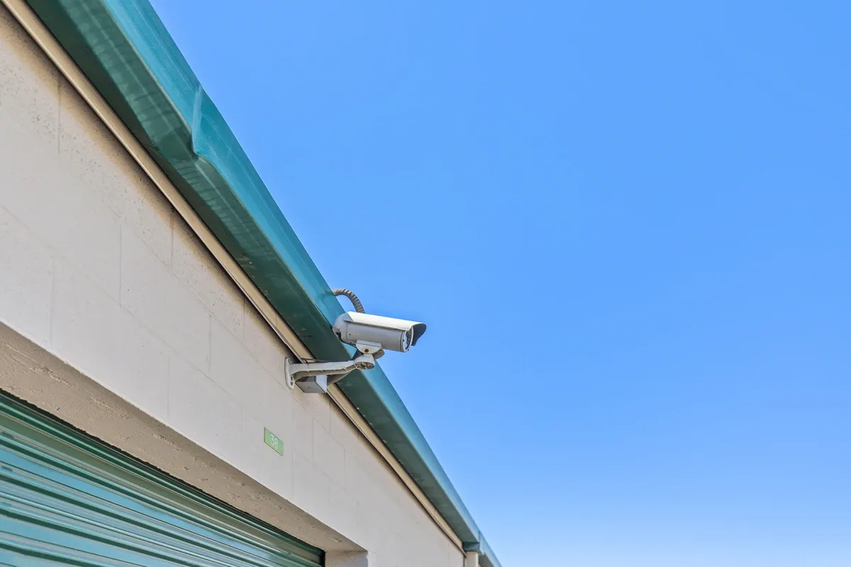 Outdoor security camera at a storage facility.
