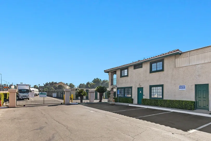 Front gate at a storage facility.