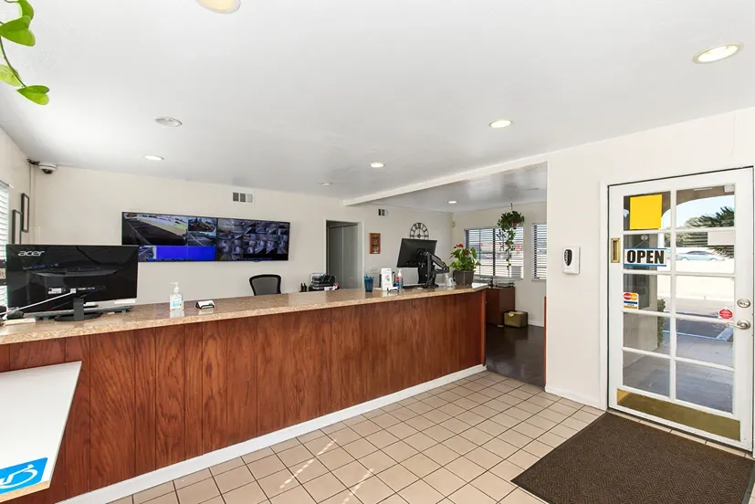 Front door and desk of a storage facility office.