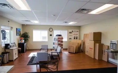 Side view of a storage facility office.