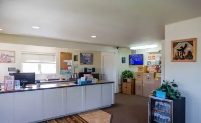 White desk at a storage facility office.