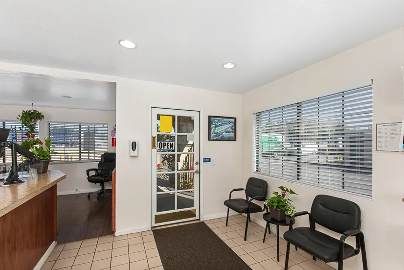 Front door of a storage facility office.